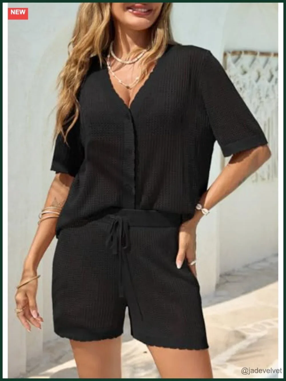 Crochet Swim Coverup Set Short Sleeve V Neck Button Top Drawstring Shorts 2